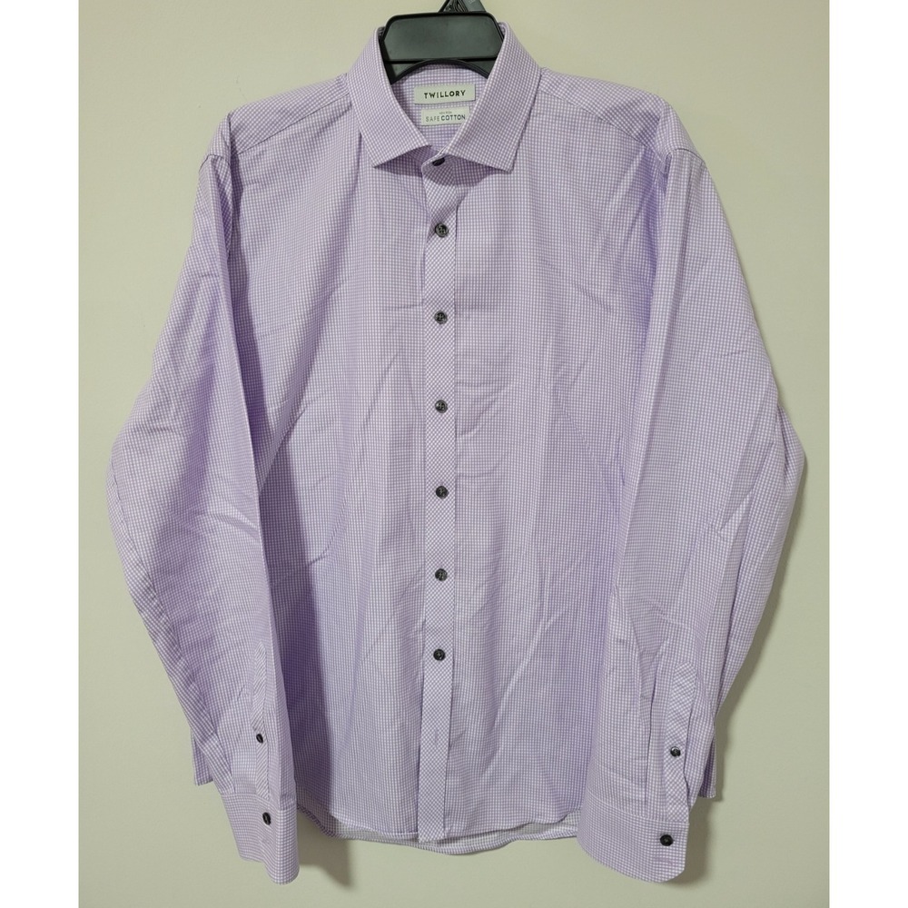 Twillory Button Up Dress Shirt Mens Large Purple Micro Check Trim Fit Non Iron